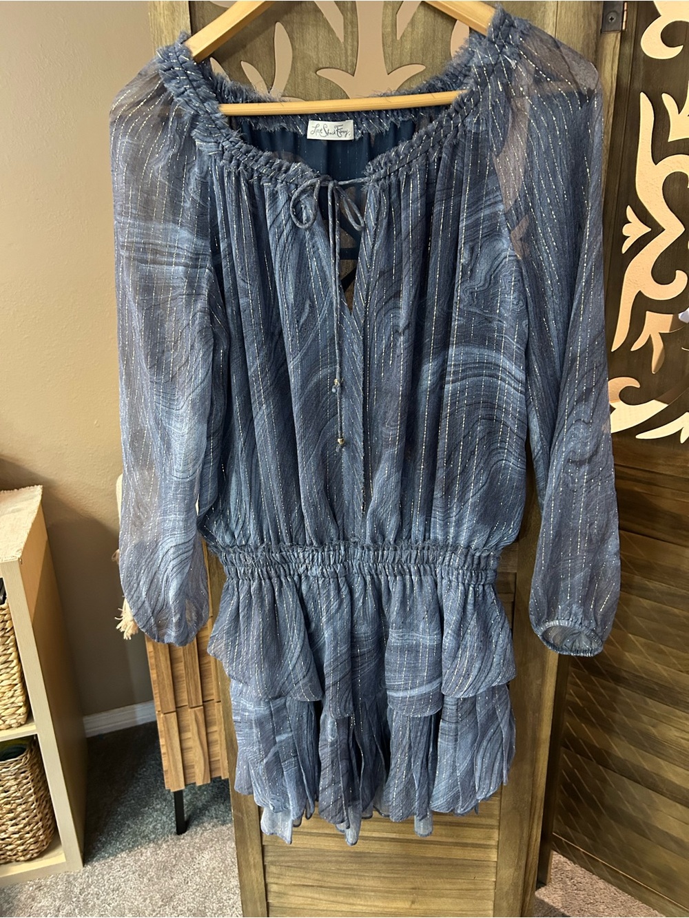 Love Shack Fancy Blue Silk Gold Lurex Tiered Mini Dress Size XS